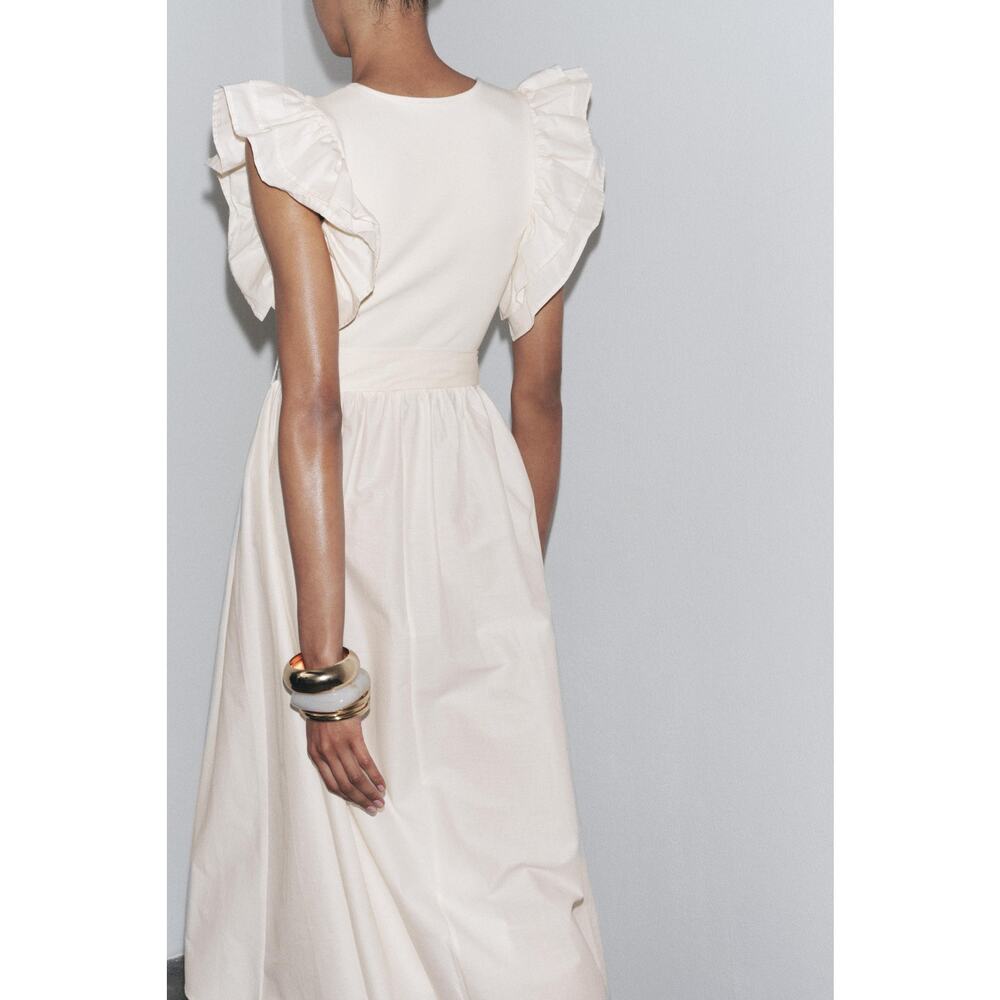 ZARA Ruffled Midi Dress NWT | Ecru Cotton Fit & Flare Belted Size M/L - Picture 13 of 16